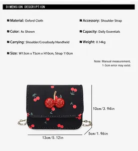 Spécifications de taille pour le petit sac à bandoulière noir avec imprimé cerises