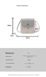 Detailed size specifications for a small crossbody bag with cute cat patterns and charm