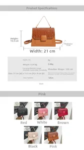 Detailed size chart for the PU leather crocodile pattern crossbody bag showing dimensions