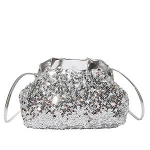 Chic silver sequin pleated shoulder bag with slim chain strap for elegant evening events