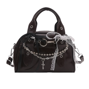 Gothic coffee leather handbag with silver chains, lace bows, and adjustable shoulder strap