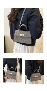 Detailed views of gray leopard print suede handbag with gold turn-lock and strap