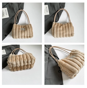 Detail view of khaki plush bucket bag featuring ribbed texture and silver bow charm
