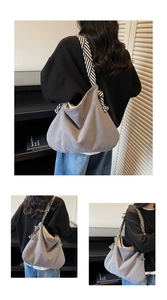 Détail du sac cabas en velours côtelé gris avec anses en ruban rayé et nœuds