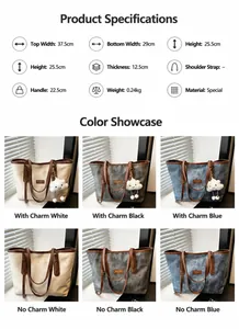 Size chart and color options for large capacity faux leather tote bag with cloud charm