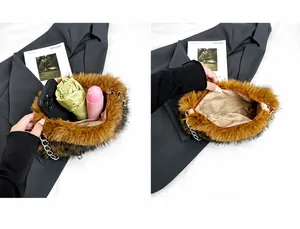 Dettaglio interno della borsa in peluche con spazio per cellulare, ombrello e borraccia