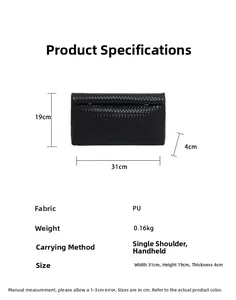 Detailed dimensions of large capacity black woven PU leather clutch bag with size info