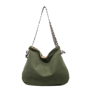 Sac fourre-tout en velours côtelé vert foncé avec bandoulière à motifs noir et blanc