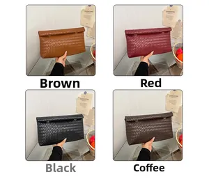Detail view of woven leather clutch bags in brown, red, black, and coffee color options