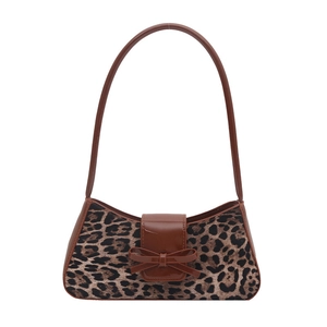 Retro leopard print canvas crescent hobo bag with sleek brown trim and bow detail