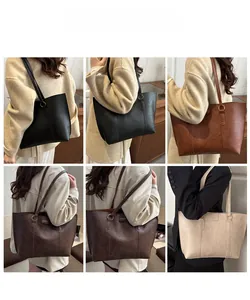 Collage of chic tote bags in black, caramel, coffee, and beige on models' shoulders