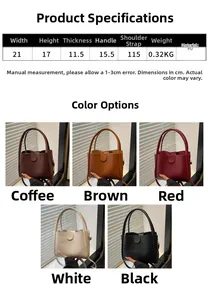 Size chart and color options for PU bucket tote with detailed product dimensions