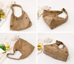 Four-angle view of brown suede tote bag with intricate laser-cut hollow floral patterns