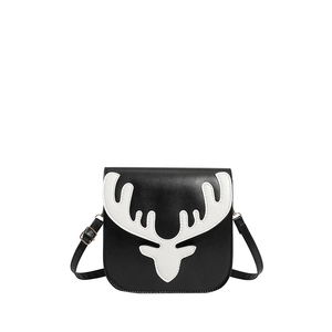 Sac bandoulière noir avec motif tête de cerf blanc et boucle dorée réglable élégante