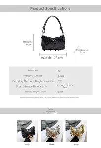 Size specifications for sequin shoulder bag with detailed dimensions and color options