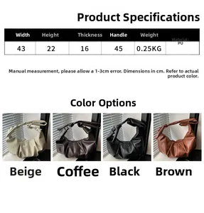 Size chart for the pleated PU leather crescent bag with dimensions and four color options