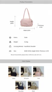 Tableau détaillé montrant cinq options de couleurs et dimensions du sac à main en nylon