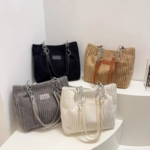 Women Large Capacity Corduroy Tote Bag Casual Commuter Chain Shoulder Bag Winter Fashion Handbag Zipper Closure