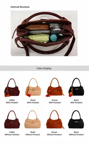 Macro view of suede tote bag interior capacity and color display with leather buckle