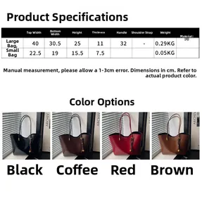 Size chart showing large and small faux leather tote bags with detailed measurements