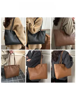 Collage of leather tote bags in black, brown and caramel showing shoulder carry fit