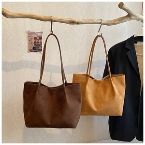 Minimalist faux suede tote bag set in brown and ginger yellow for daily commuting