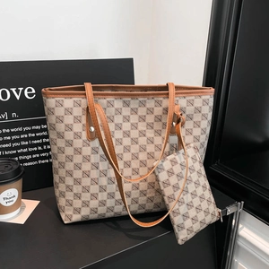 Bolso Tote De Mujer Con Estuche Cuero PU Gran Capacidad Estampado Monograma Patrón Geométrico Vintage Urbano Simple Viaje Bolso De Hombro