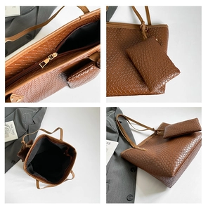 Detailweergave van de bruine geweven shopper met ritssluiting en bijpassend tasje