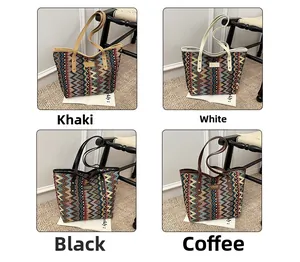 Detail showing four striped large capacity tote bags with zigzag patterns and PU handles