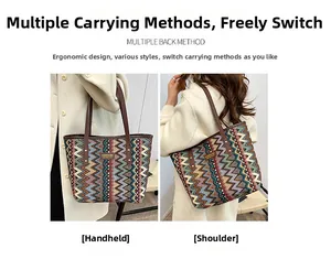 Detail of ethnic striped tote bag showing handheld and shoulder carrying styles