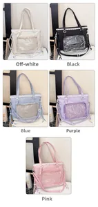 Detailed grid showing five colors of lace-trimmed canvas bags with clear display pockets