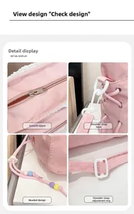 Detailed view of pink tote bag features including colorful bead drawstring and smooth zipper