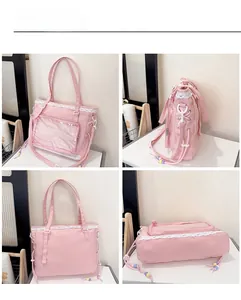 Pink Ita bag with transparent PVC window and white lace edges from multiple views