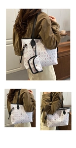 White printed tote bag with mini pouch featuring cartoon bears and pink heart patterns