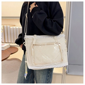Detail of cream large tote bag with lace trim and transparent PVC display window