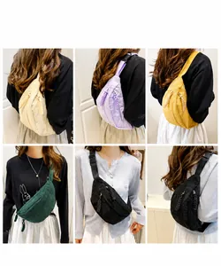 Corduroy crossbody bag display showing multiple colors on models in daily casual scenarios