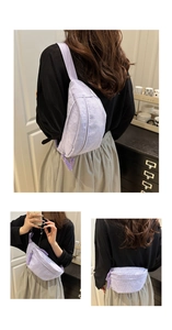 Three-way view of purple corduroy crossbody bag showing back, chest and waist wear styles