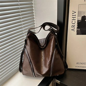 Borsa Tote in Pelle PU Retro Grande Capacità per Donna Con Doppia Cerniera Texture Increspata Tinta Unita Borsa a Spalla