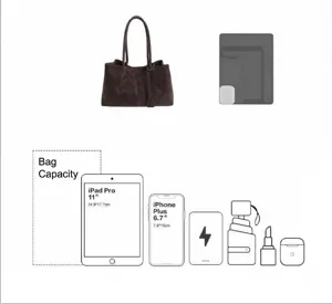 Comparación de tamaño del bolso tote marrón con capacidad para un iPad Pro de 11"
