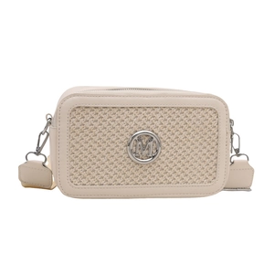 Beige rechteckige Umhängetasche mit M-Logo und breitem Schultergurt für Damenmode