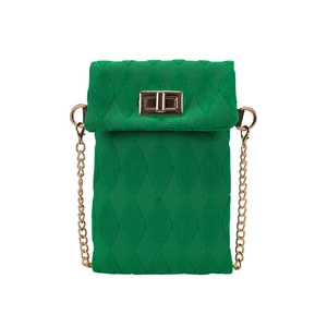 Fashionable green quilted knit shoulder bag with gold chain strap and turn-lock closure