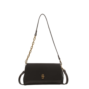 Sacoche en cuir mat marron foncé avec détails dorés et bandoulière longue réglable