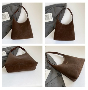 Detail view of large brown matte leather tote bag from four different angles and perspectives