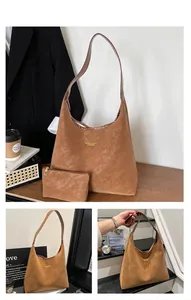 Brown faux suede hobo bag set with small pouch and fashion lettering detail