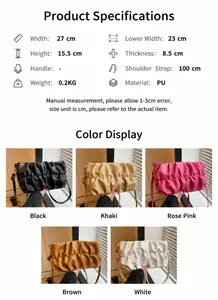 Detailed size chart and five color variants for pleated PU leather crossbody bag