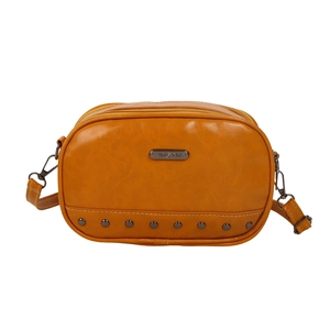 Chic mustard yellow crossbody bag with wide shoulder strap and metal rivets decoration