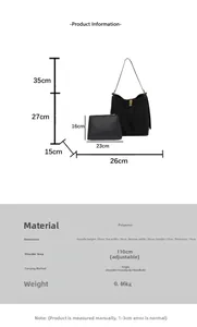 Detailed size guide showing dimensions for the black shoulder bag and inner pouch set