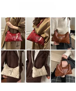 Detail view of large capacity vintage crossbody bags with rivets in multiple colors