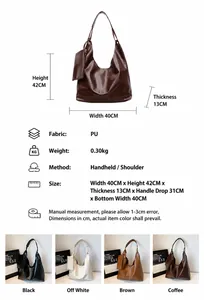 Spécifications détaillées de taille et tableau de matières pour grand sac fourre-tout en cuir PU