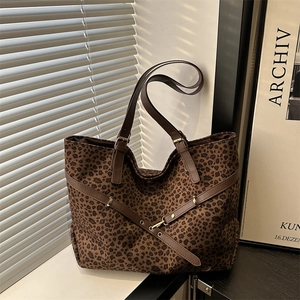 Sac Fourre-Tout Femme Grande Capacité Imprimé Léopard Rétro Suédine Bandoulière Réglable Sac à Main Épaule Décontracté